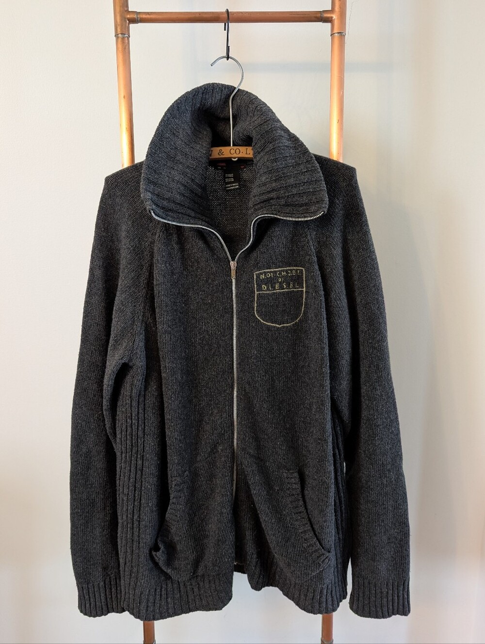 Y2K Diesel Charcoal Zip-Up Knit Sweater - XL (80% Wool, 20% Nylon) - *Unisex*